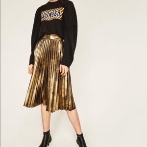 Zara Gold Pleated Midi Skirt